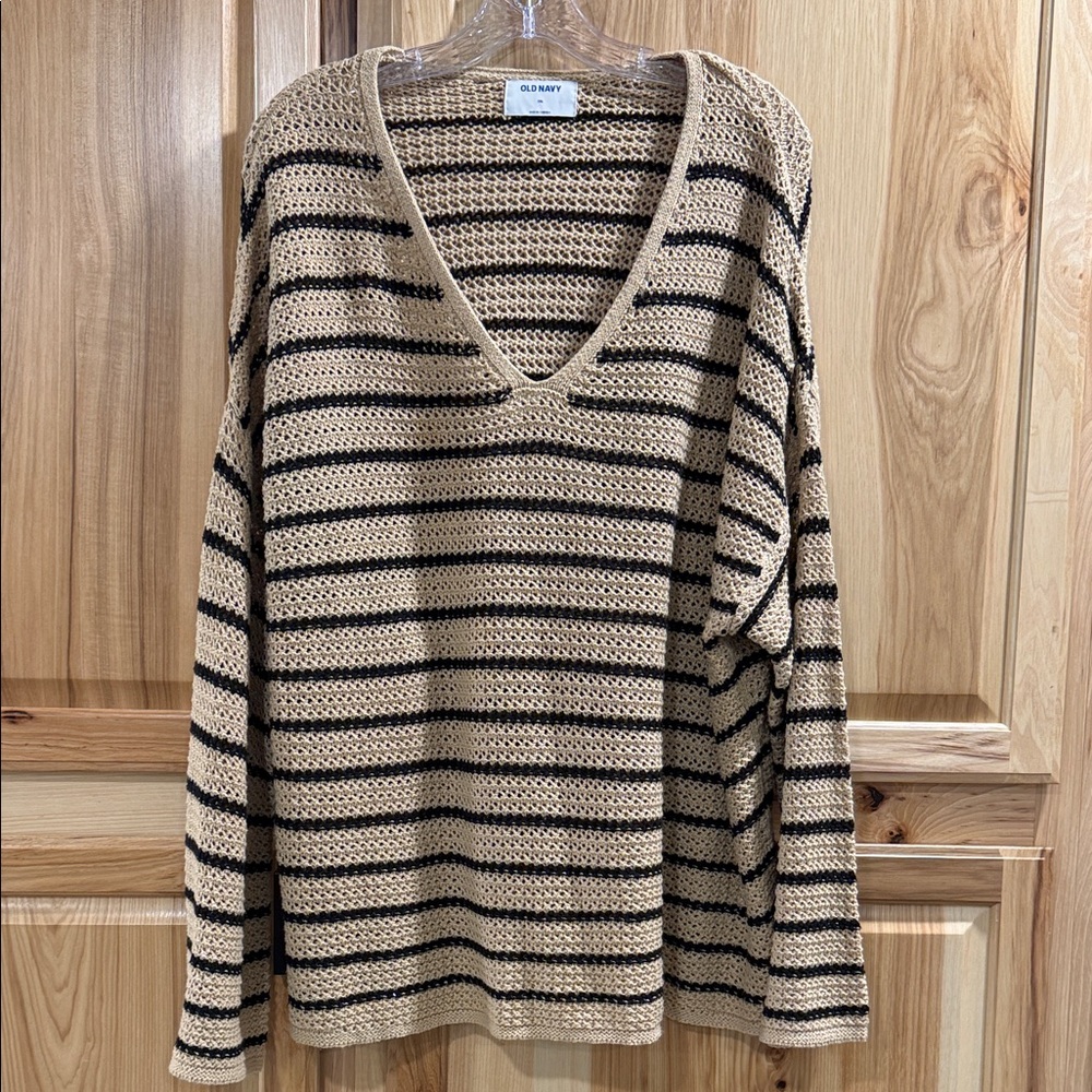 Old Navy XXL Crochet Knit V-Neck Black Tan Neutral Striped Versatile Sweater